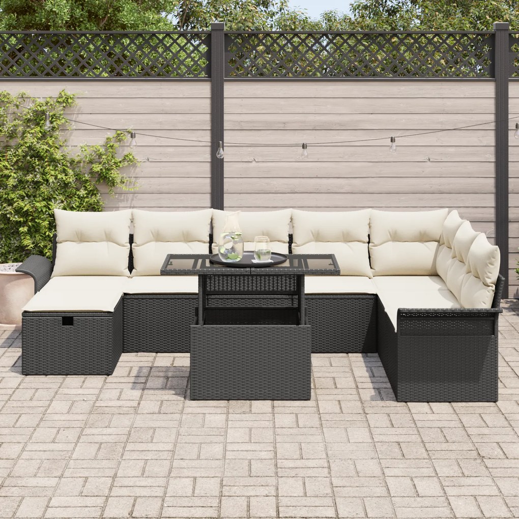 Conjunto de Sofá de Jardim 9 Peças com Almofadas Preto Vime PE