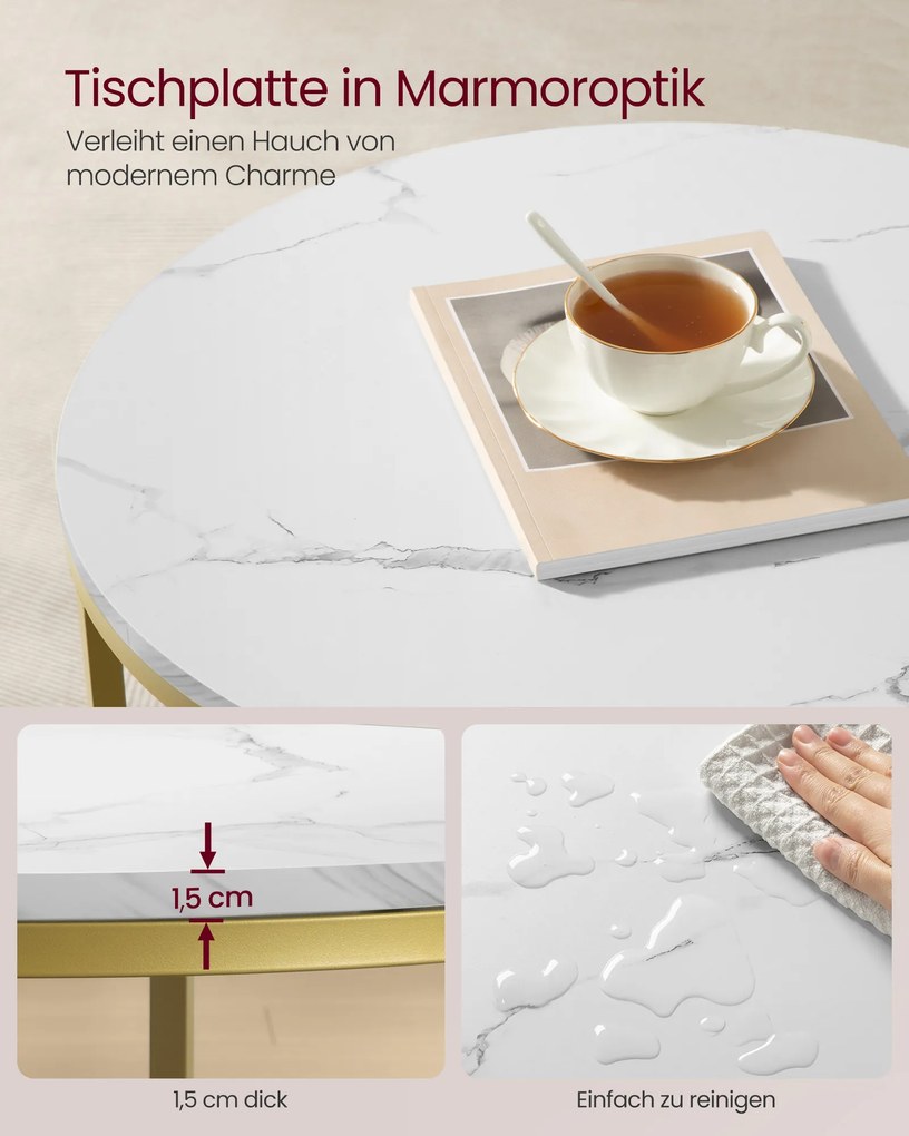 Mesa de centro com 2 níveis e tampo em vidro 65 x 46 cm (Ø x A) branco mármore e dourado claro