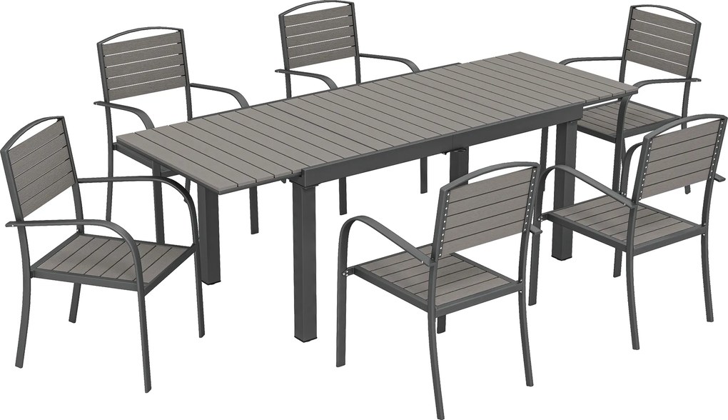 Outsunny Conjunto de Móveis de Jardim 7 peças Mesa Extensível com 6 Cadeiras Aparência de Madeira Design em Ripas Estrutura em Alumínio | Aosom Portugal