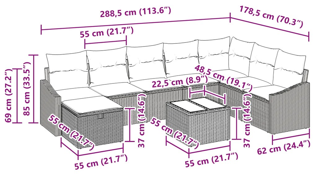 Conjunto de Sofá Jardim com 9 Peças e Almofadas em Rattan Poliéster Ci