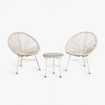 Conjunto De Sala Com 2 Poltronas E Mesa Auxiliar Em Aço E Rattan Sintético New Acapulco Tapioca Bege - Sklum