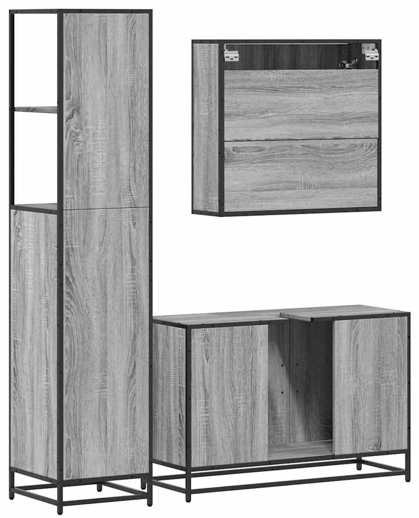 3 pcs Conjunto móveis casa de banho madeira proc. cinza sonoma