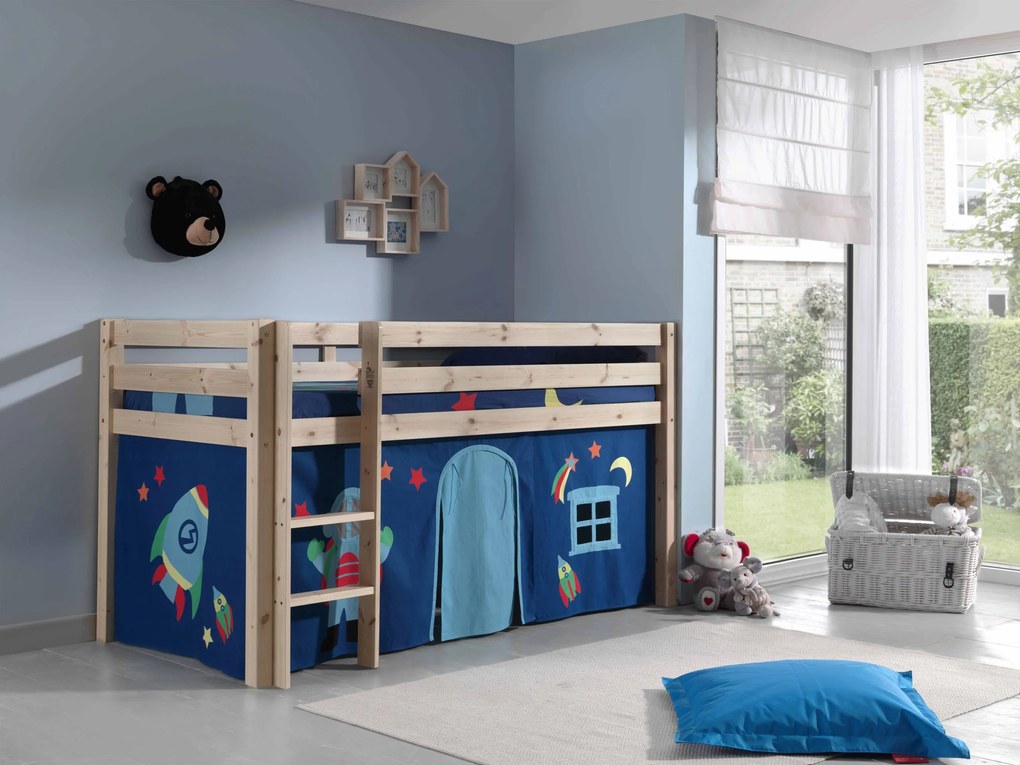 Conjunto Cama alta de Criança PINO 90 x 200 cm + estrado + escada + cortina Espaço Natural
