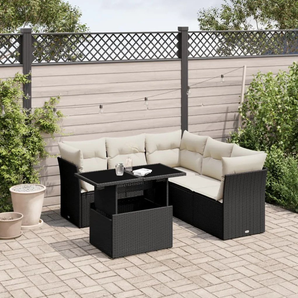 6 pcs conjunto sofás de jardim c/ almofadões vime PE preto