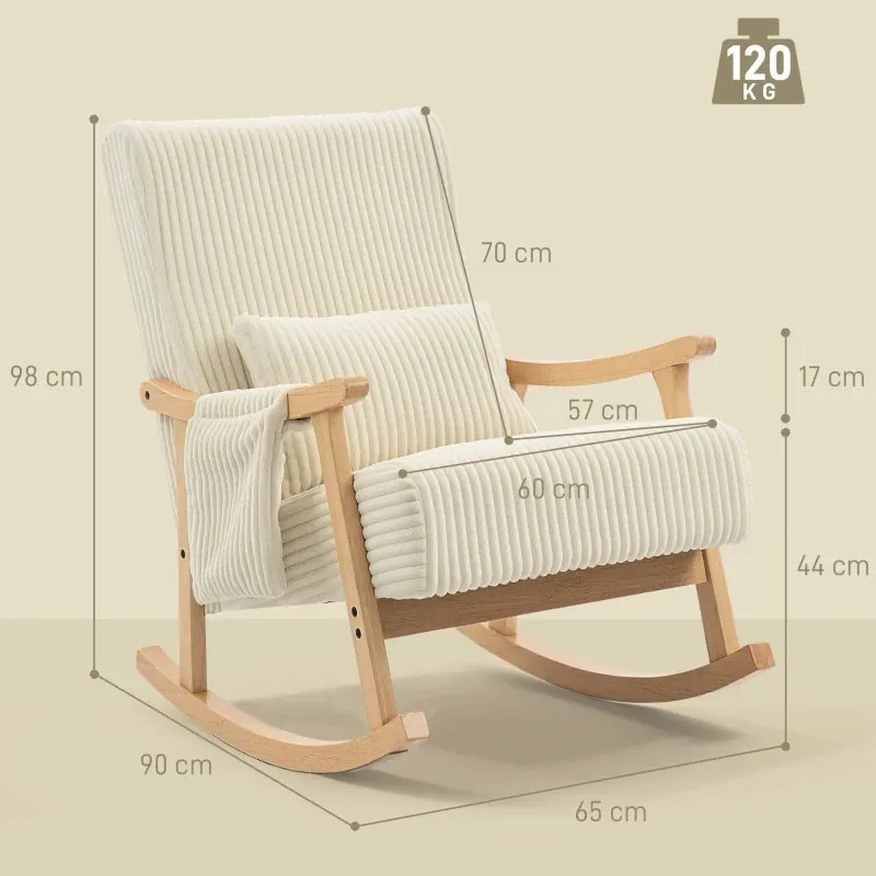 Cadeira Baloiço Moderna em Veludo Cotelê com Apoio para os Braços Almofada Lombar e Bolso Poltrona de Amamentação 65x90x98 cm Bege