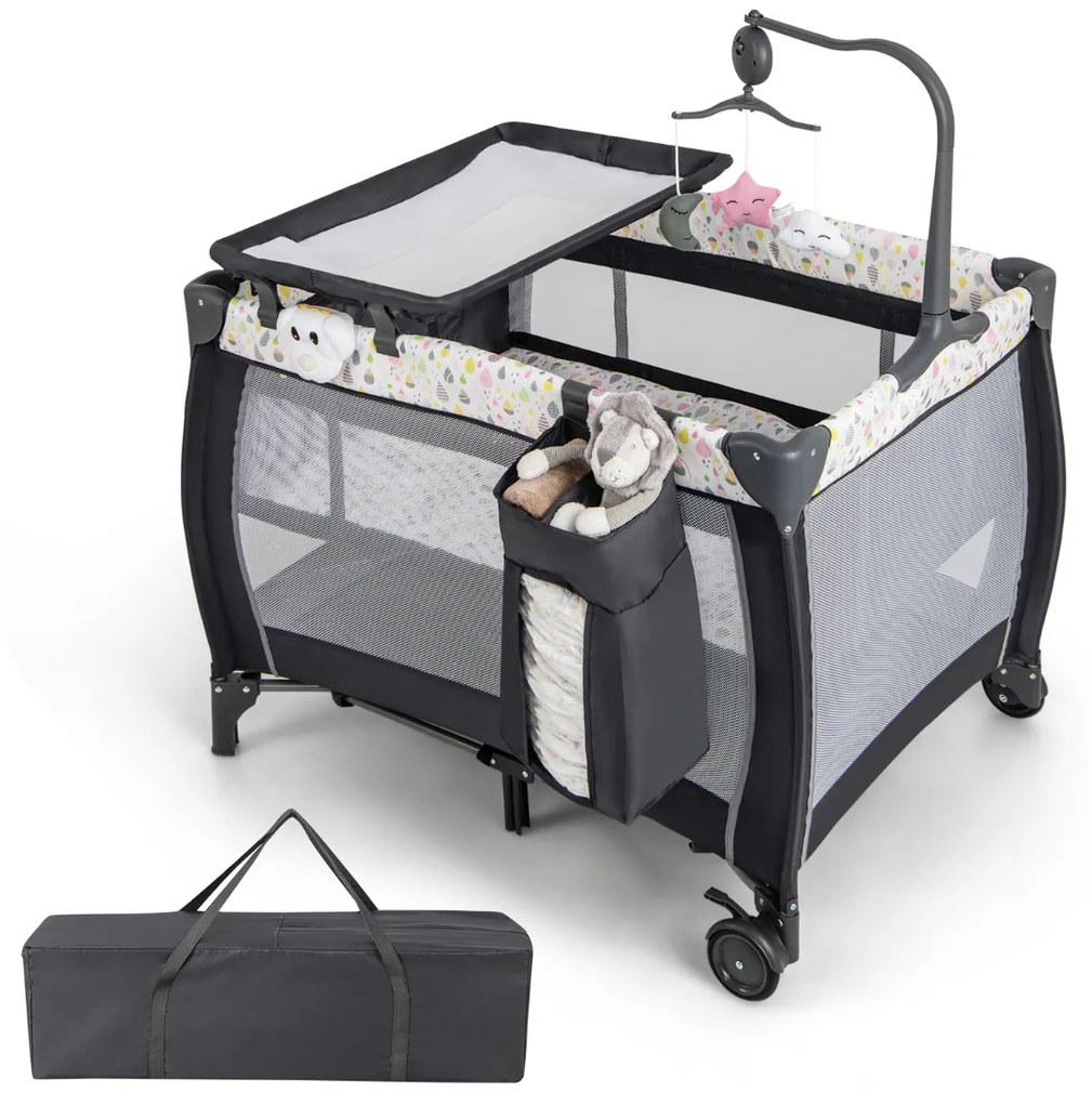 Berço de viagem dobrável 3 em 1 para bebés Cesto de brincar com tapete muda-fraldas Alcofa amovível 125 x 65 x 76 cm Multicolor