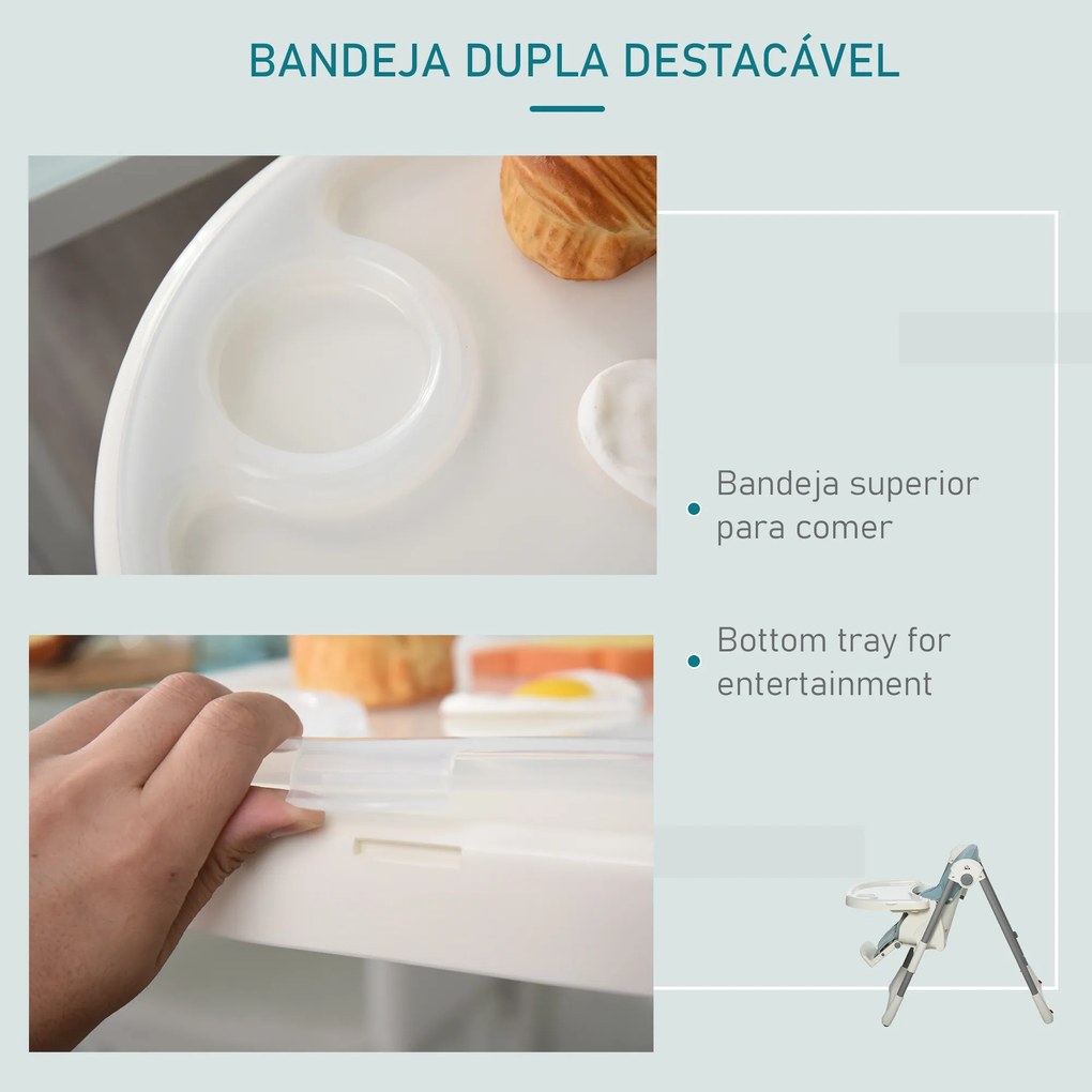 Cadeira de refeição ajustável e dobrável para bebê acima de 6 meses com bandeja dupla 55x80x104 cm azul
