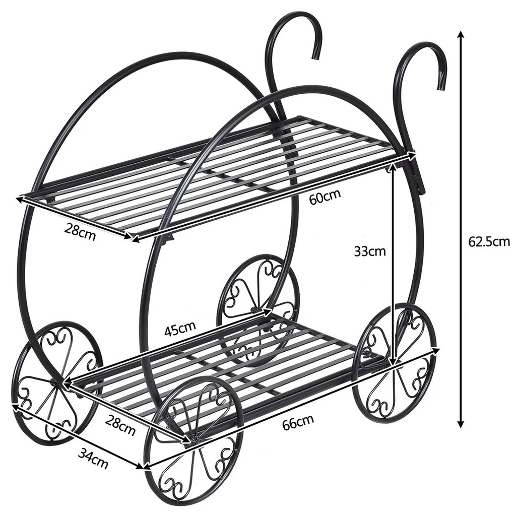 Carro de Jardim 2 Niveis Suporte de Metal para Plantas 66 x 34 x 62,5 cm Preto