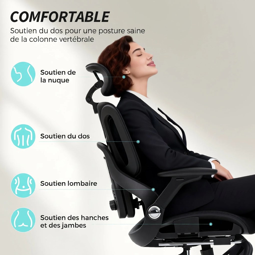 Cadeira de escritório ergonómica com braços 4D, apoio para a cabeça e profundidade do assento ajustáveis, em malha preta