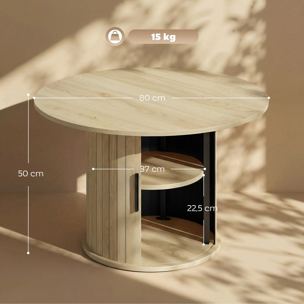 Mesa de centro redonda 80L x 80P x 50A cm, mesa de sala com espaço de arrumação, porta de correr com ripas, 2 prateleiras, efeito de madeira natural