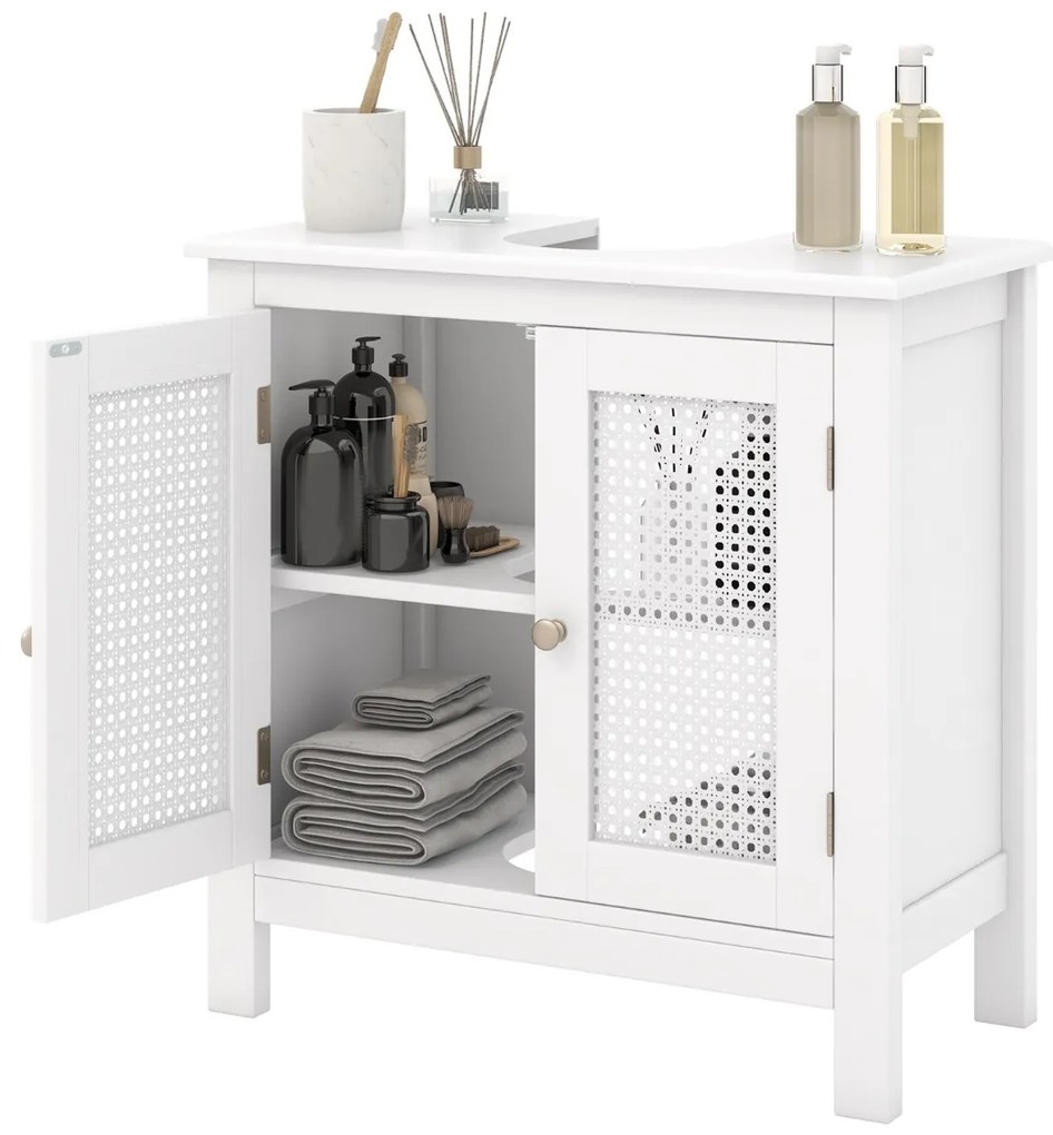 Armário para lavatório (Não incluído) com 2 portas de rattan com recorte em U 60 x 30 x 60 cm Branco