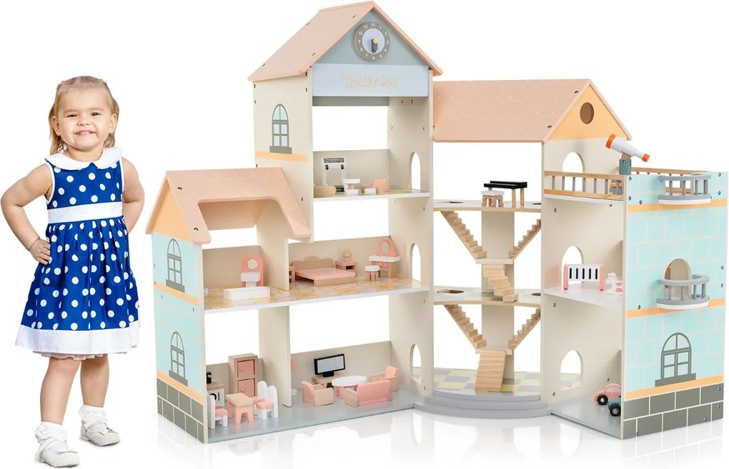 Casa de bonecas de madeira com telhado 82,5 x 107 x 94,5 cm, 41 móveis e acessórios Casa dos sonhos DIY com 3 andares e 6 quartos Laranja