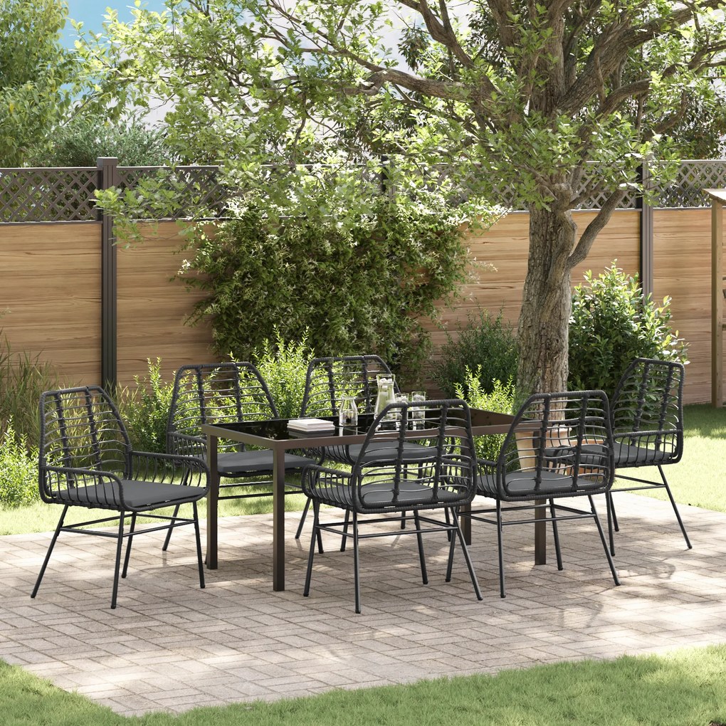 vidaXL Conjunto de Jantar de Jardim de 7 Peças com Almofadas Preto Vime Polímero
