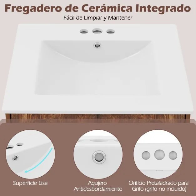 Armário de casa de banho com lavatório em cerâmica com arrumação sob o lavatório com 2 portas Castanho rústico