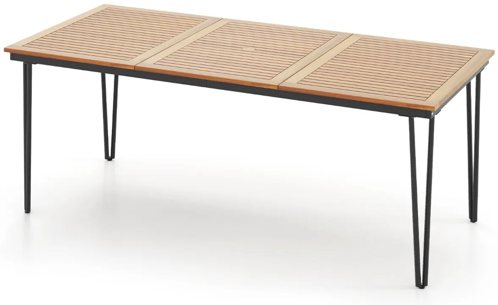 Mesa de jardim de 200 cm para 8 pessoas, mesa para área externa em madeira de acácia com furo para guarda-sol de 5 cm de diâmetro e pernas de metal com ripas