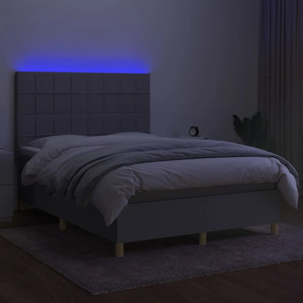 Cama box spring c/ colchão e LED 140x190 cm tecido cinza-claro