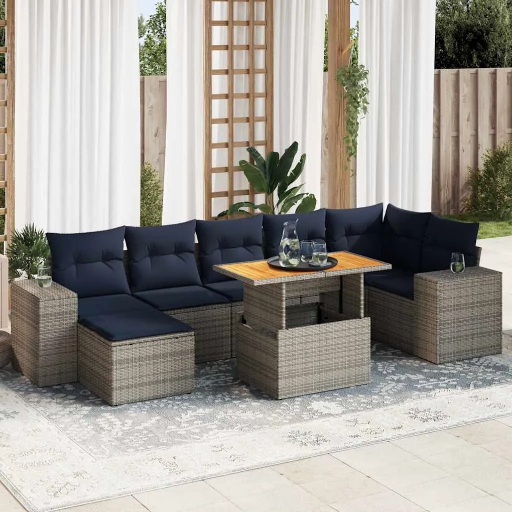 8 pcs conjunto sofás de jardim c/ almofadões vime PE cinzento