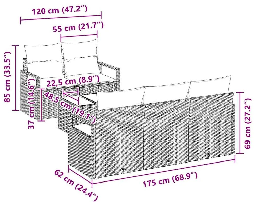 Conjunto de Sofás de Jardim com 6 Peças e Almofadas Cinza, Rattan Sint