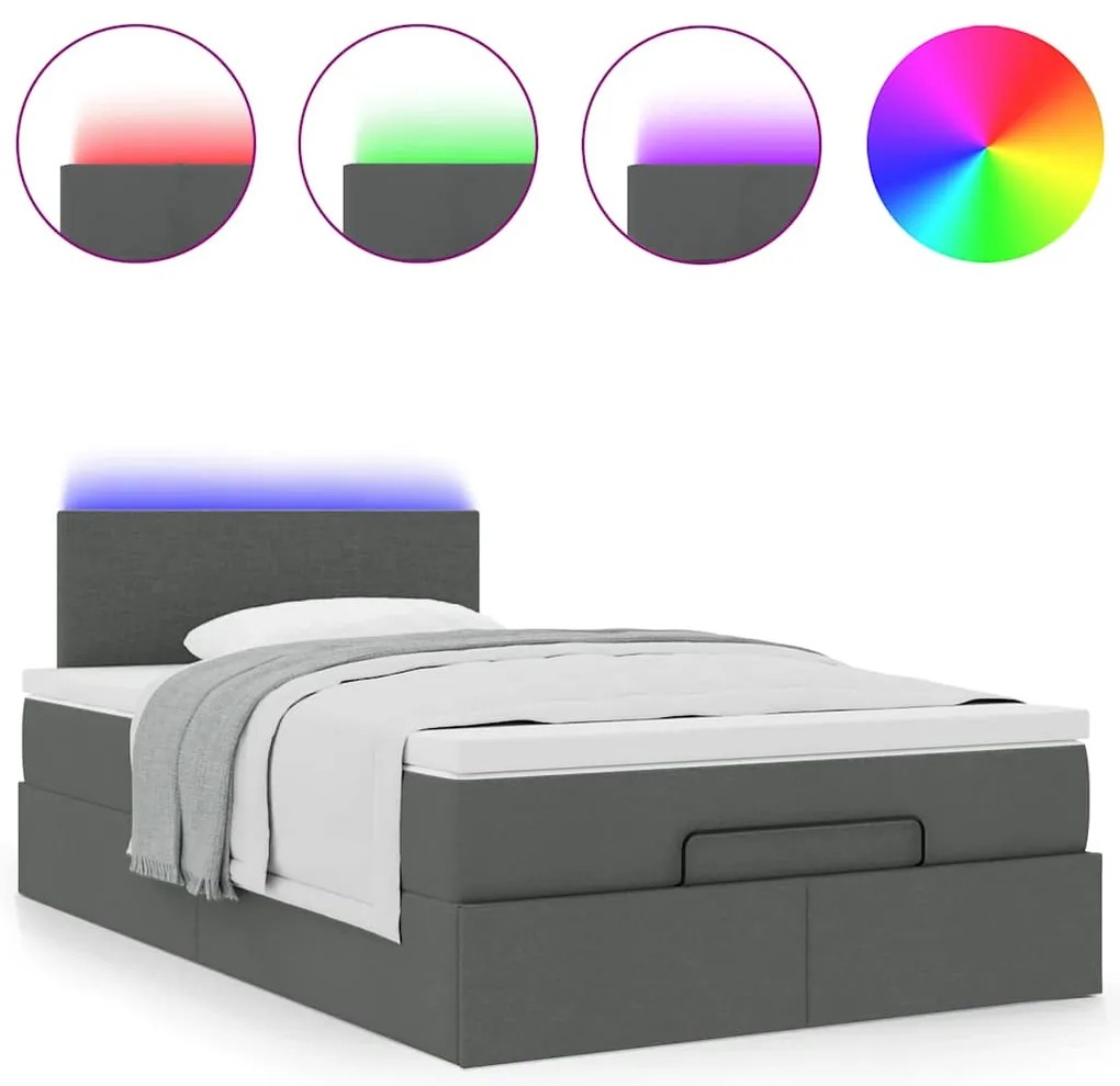 Cama otomana com colchão&LEDs 120x190 cm tecido cinzento escuro