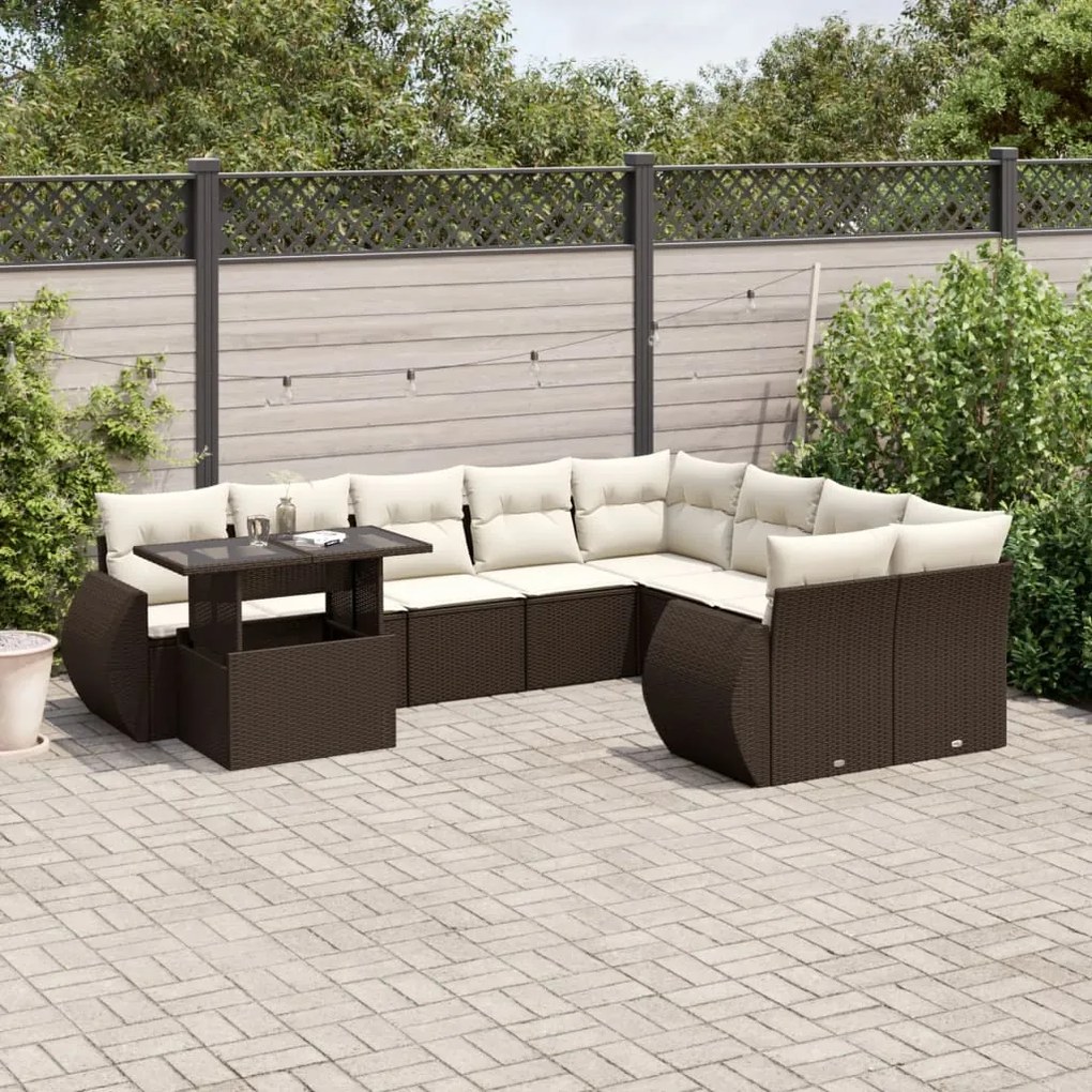 vidaXL 10 pcs conj. sofás jardim com almofadões vime PE castanho