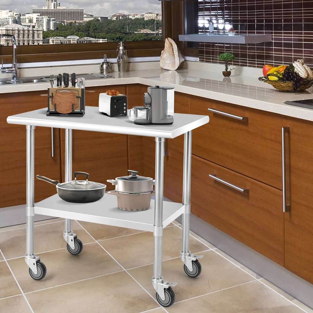 Carrinho de mesa de aço inoxidável 122 x 61 cm com 4 rodas universais para cozinha