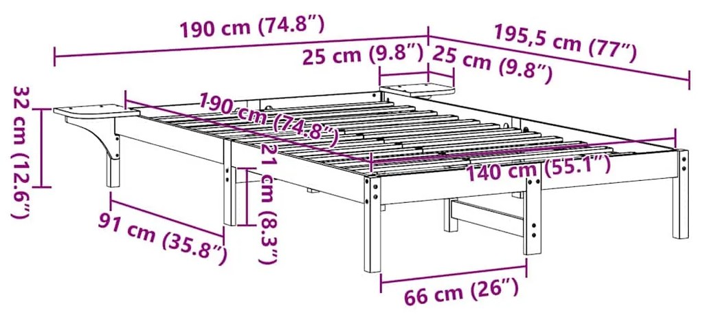 Estrutura de cama com mesas de cabeceira Branco 140 x 190 cm