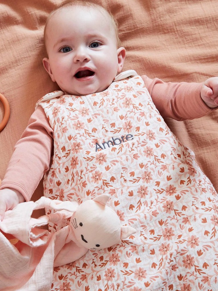 Saco de bebé personalizável, sem mangas, em gaze de algodão, Happy Bohème estampado rosa