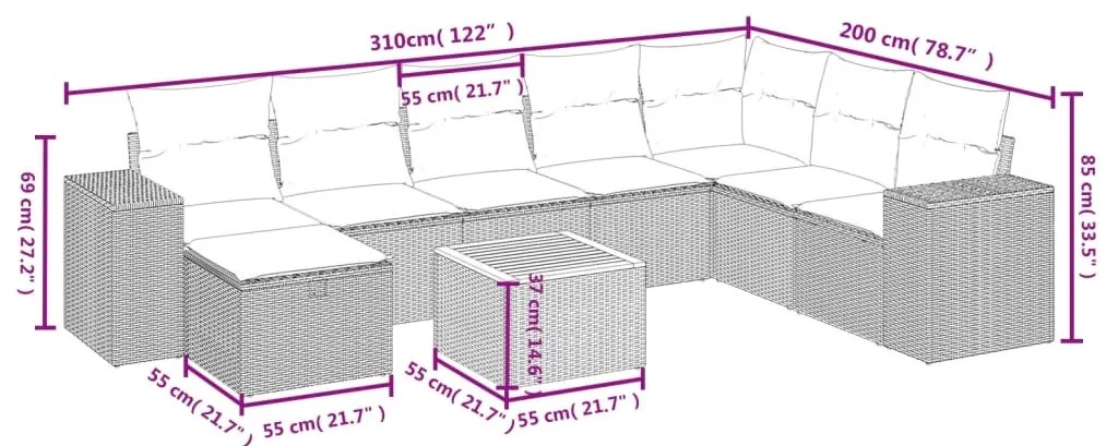 9 pcs conjunto sofás p/ jardim com almofadões vime PE cinzento
