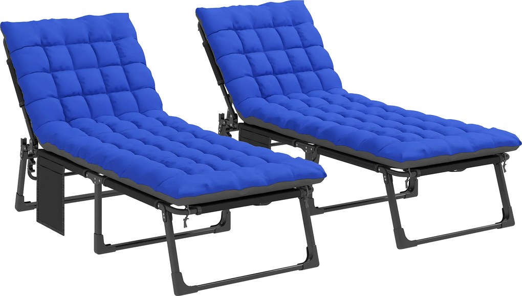 Outsunny Conjunto de 2 Espreguiçadeiras Dobráveis com Apoio de Cabeça Almofadas Bolso Lateral e Encosto Reclinável em 5 Posições Azul | Aosom Portugal