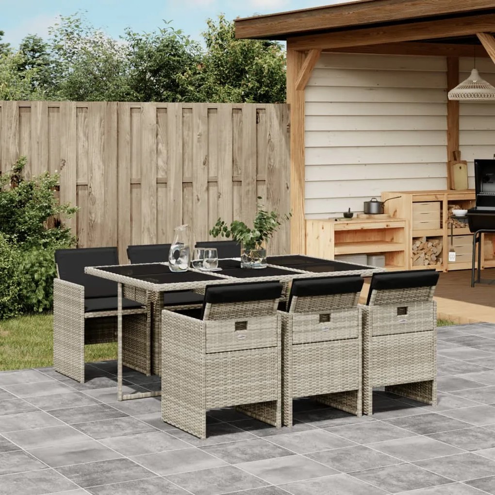 vidaXL 7 pcs conj. jantar p/ jardim c/ almofadões vime PE cinza-claro