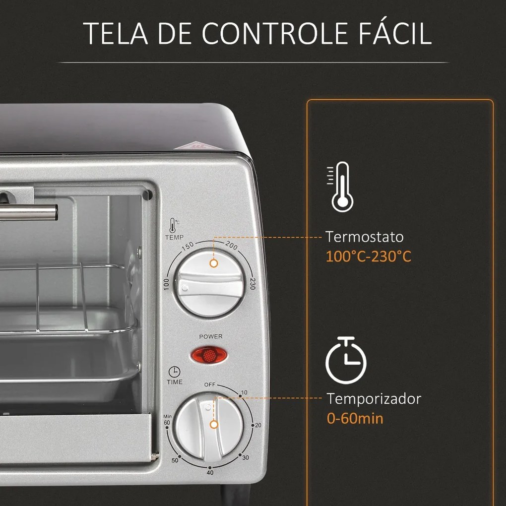 Mini Forno de Convecção 10 Litros 750W com Temperatura até 230 °C Temporizador 60 Minutos Bandeja e Grade 36,5x26x22cm Preto e Prata