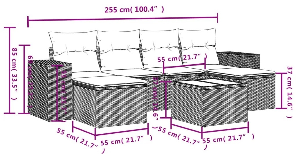 7 pcs conjunto de sofás jardim c/ almofadões vime PE castanho