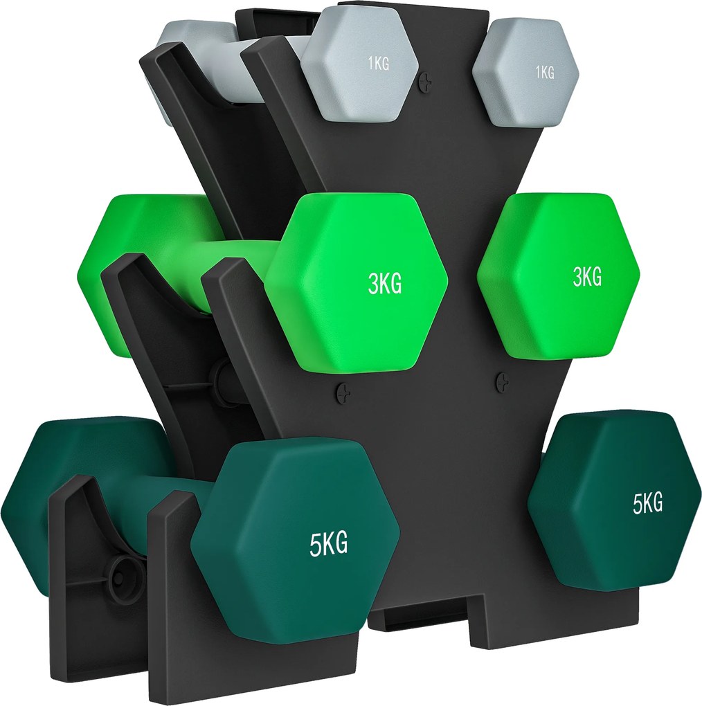 SPORTNOW Conjunto de halteres com suporte de armazenamento, conjunto com 6 halteres para treino de fitness, 2 x 1kg, 2 x 3kg, 2 x 5kg | Aosom Portugal