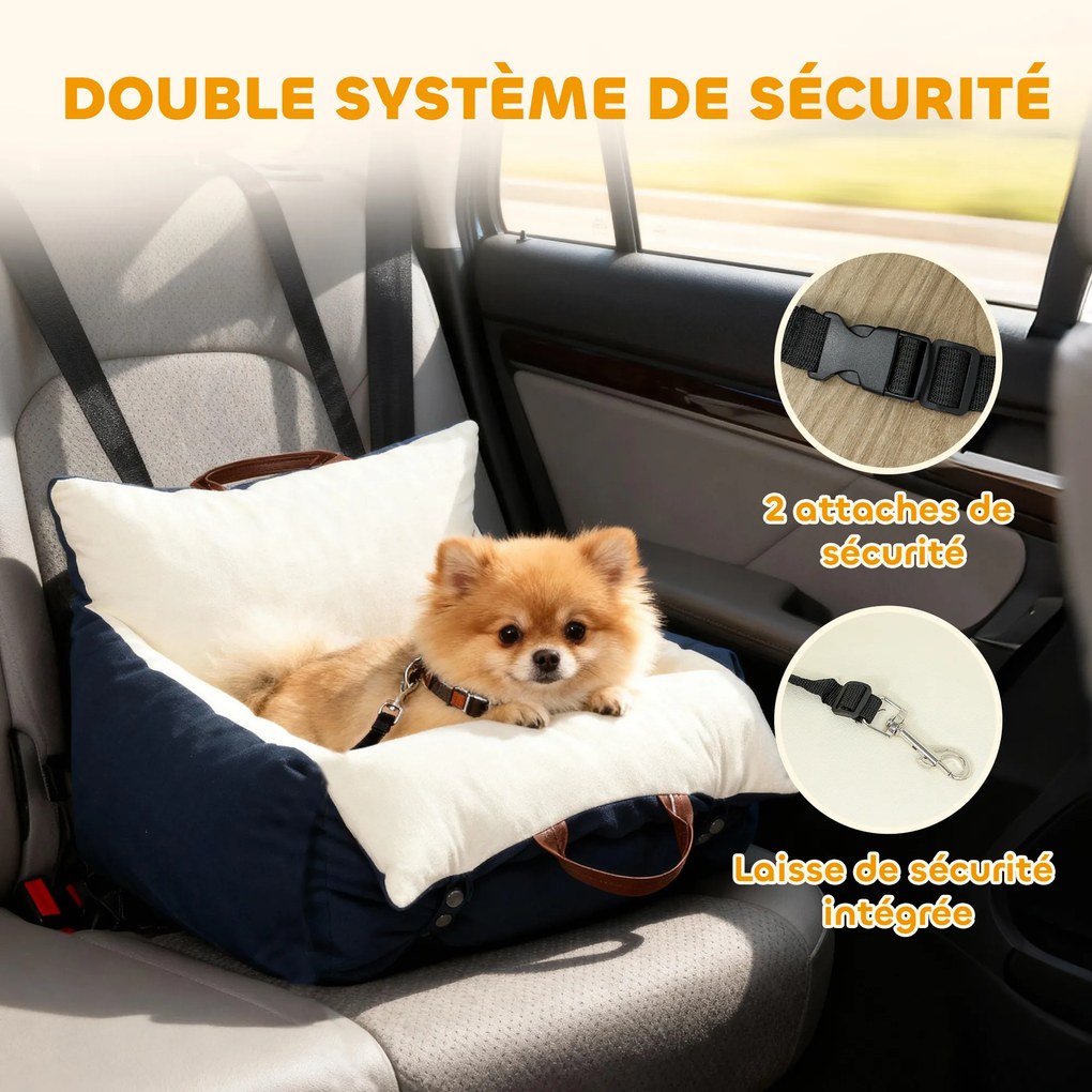 Assento de carro para cães  49x53x36 cm com cinto de segurança e sistema de fixação ao banco do carro, almofadado, azul-marinho