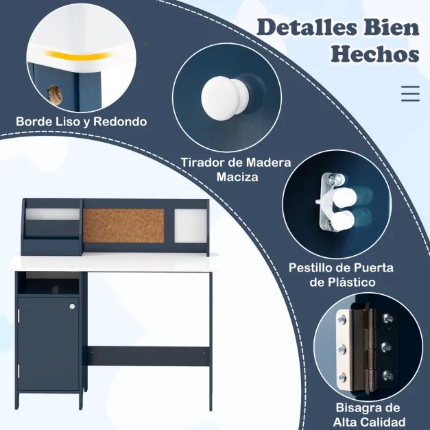 Conjunto de Secretaria e cadeira para crianças com quadro negro, marcador, prateleira e armário de armazenamento Azul