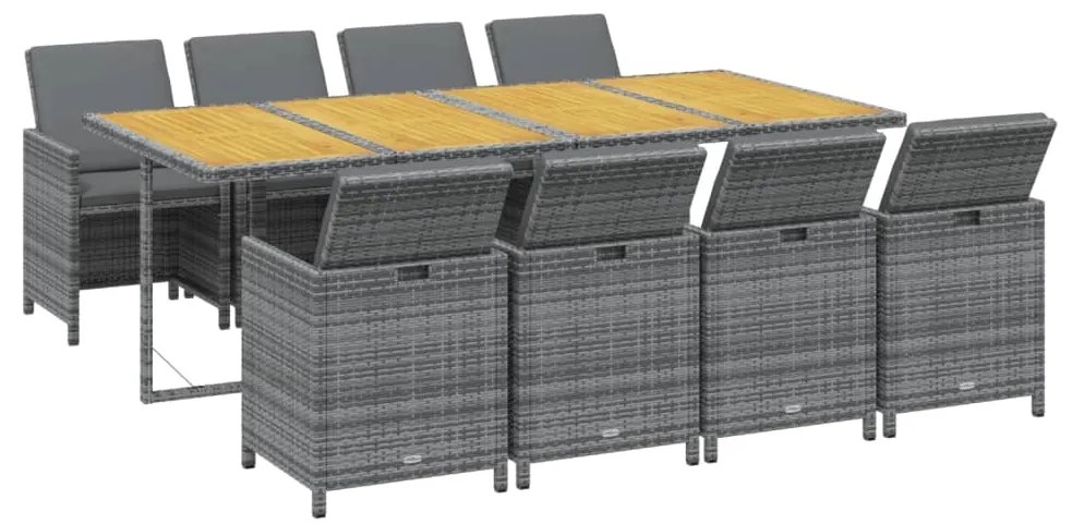 9 pcs conjunto jantar p/ jardim c/ almofadões vime PE cinzento