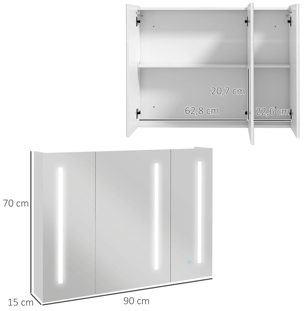 Armário Casa de Banho com Espelho e Luz LED com 3 Portas Prateleiras Ajustáveis e Interruptor Tátil 90x15x70 cm Branco Brilhante