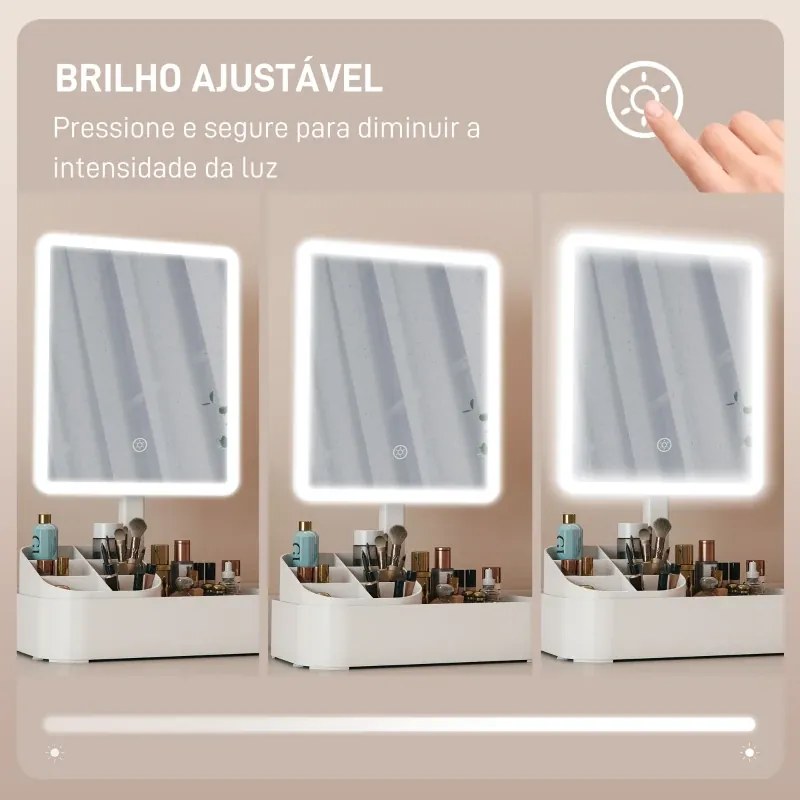 Espelho de Maquilhagem com Luz LED Espelho de Toucador Recarregável com 2 Modos de Iluminação Rotação de 180° 22x13,8x38 cm Branco