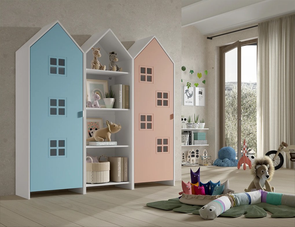 Conjunto 2 armarios Guarda Roupa infantil + estante infantil coleção CASAMI Azul e Rosa