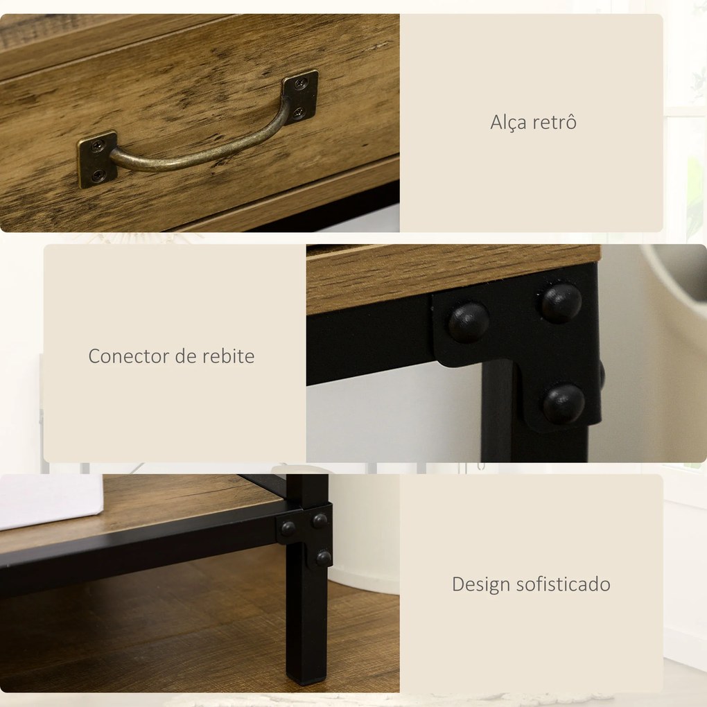 Mesa Consola Industrial Mesa de Sofá com 2 Gavetas e Prateleira para Entrada com Pés de Metal Castanho e Preto