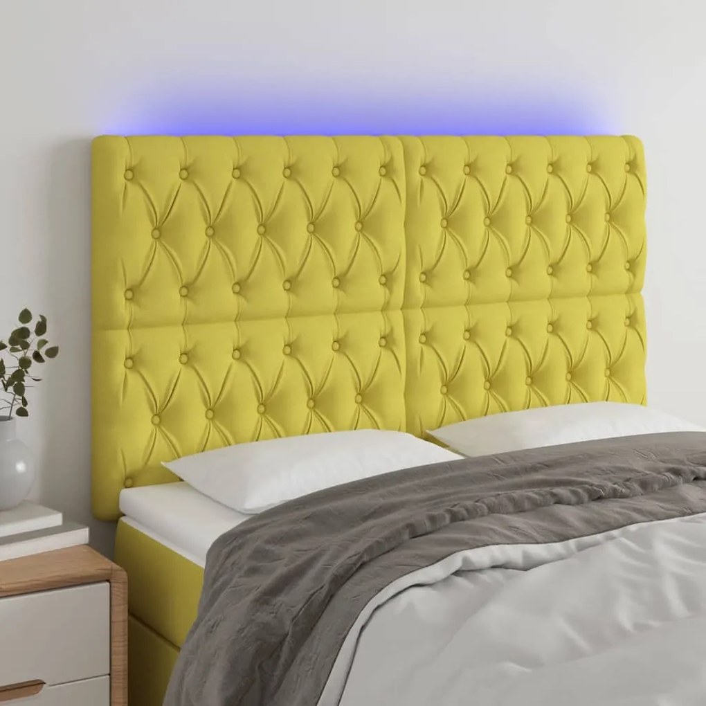 vidaXL Cabeceira de cama c/ luzes LED tecido 144x7x118/128 cm verde