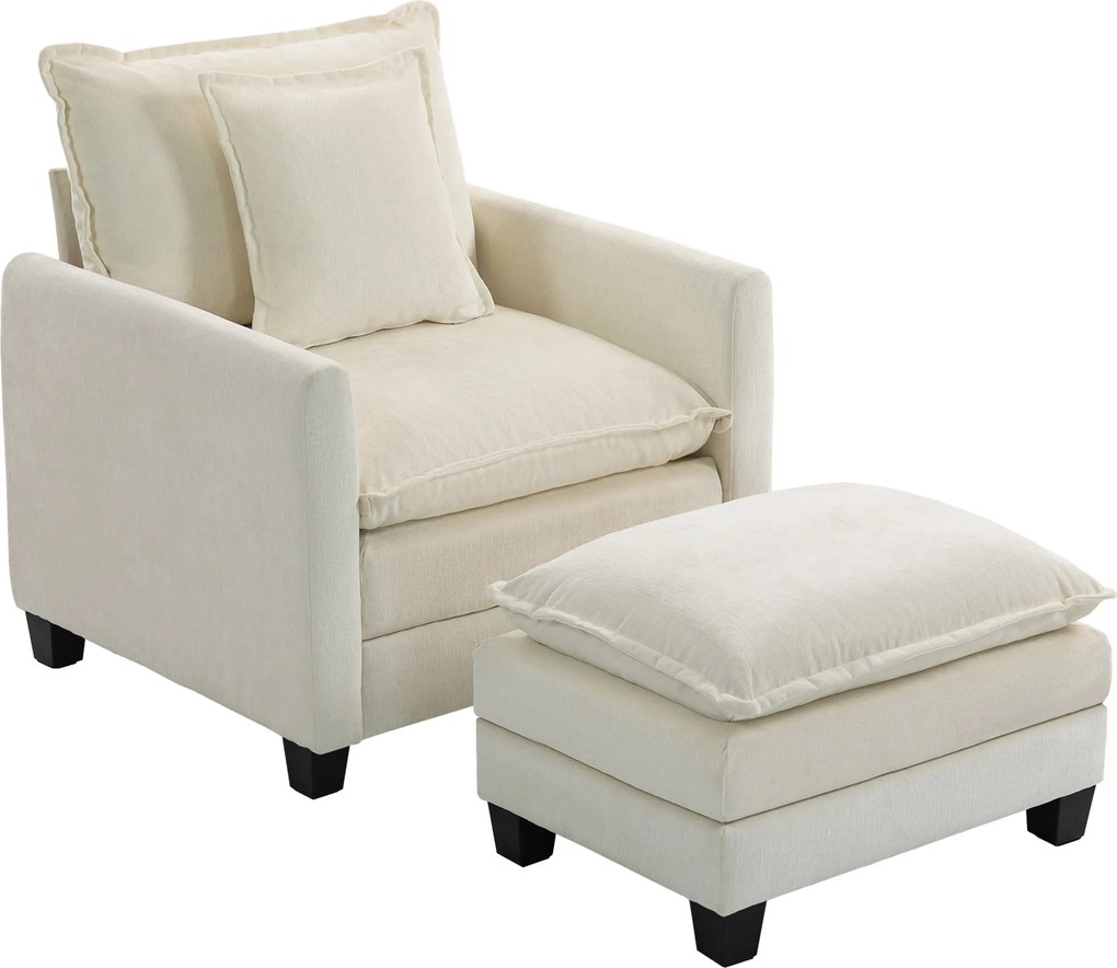 Poltrona de sala com apoio para os pés, sofá de 1 lugar em chenille, assento largo, estofamento de dupla camada, 85x128x86 cm, creme