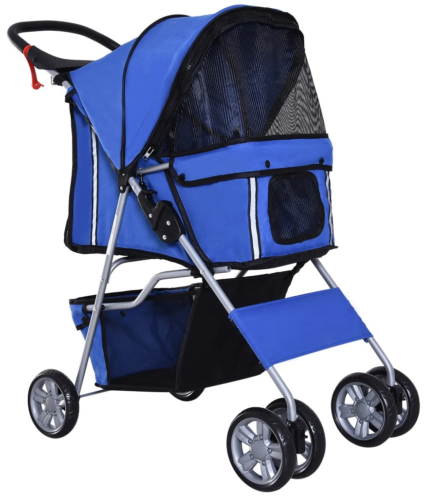PawHut Carrinho de Passeio Animais Estimação Dobrável Cesta Armazenamento Travão Confortável 75x45x97cm Azul | Aosom Portugal