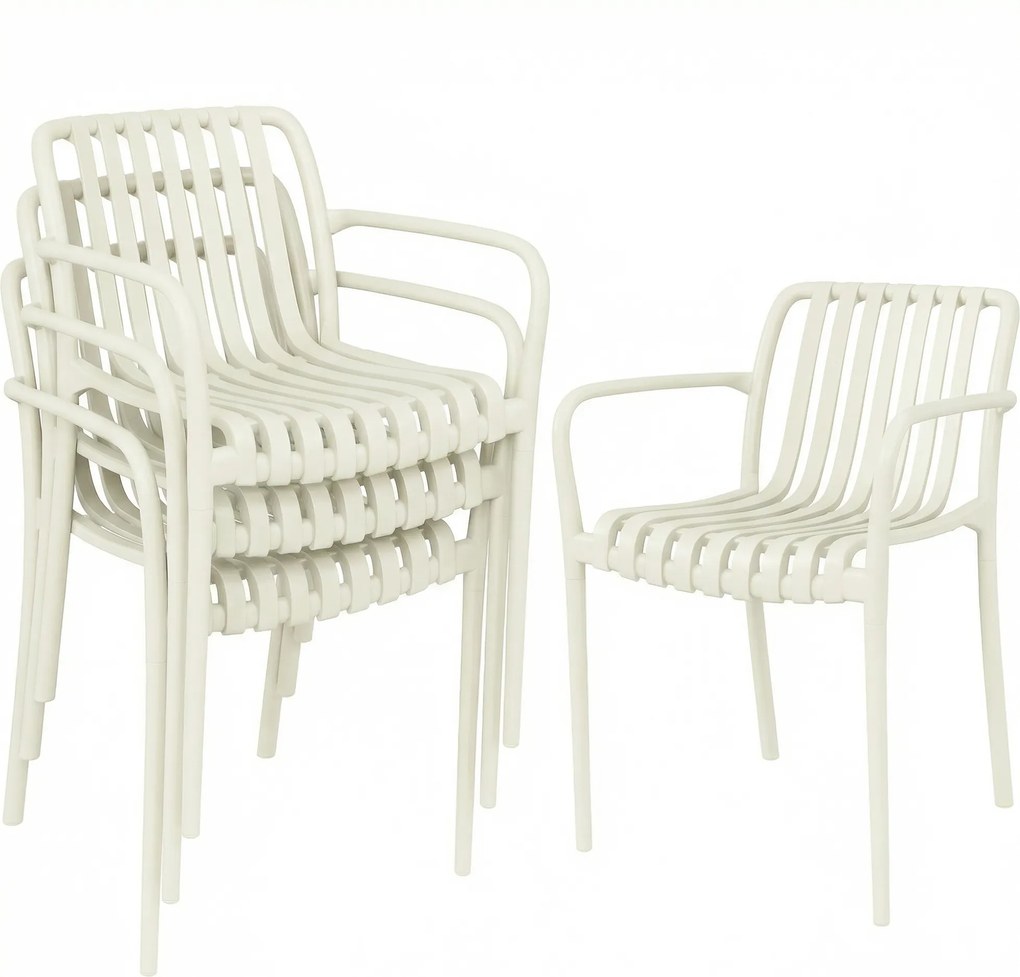 Outsunny Cadeiras de jardim Conjunto de 4 Cadeiras empilháveis para terraço com design de lâminas e apoios de braço, Ergonómicas Creme branco | Aosom Portugal