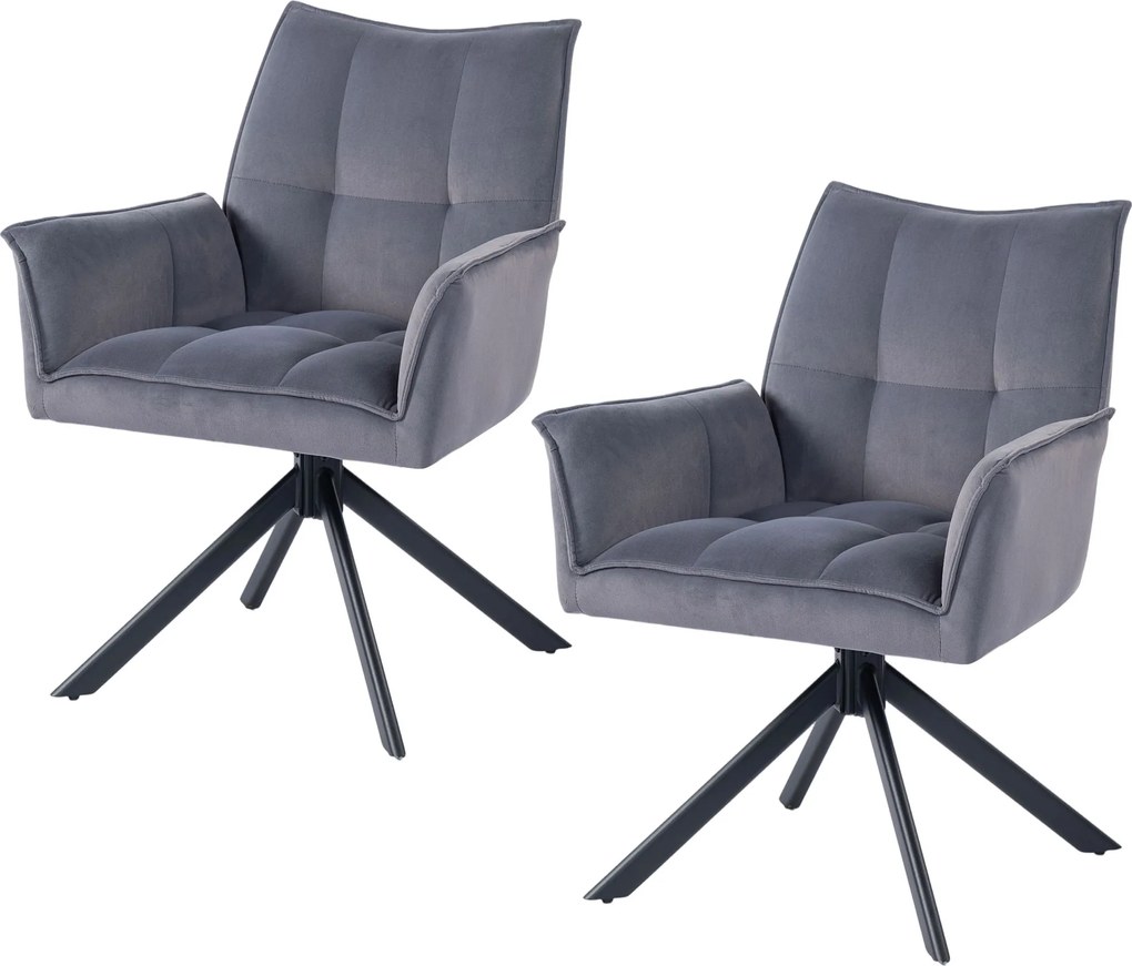 Conjunto de 2 Cadeiras de Refeição Giratórias 360° (MESA NÃO INCLUÍDA) Estofado Estofamento em Veludo Pés em Aço 63x64x85 cm Cinza