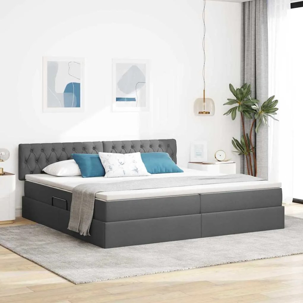 vidaXL Cama com arrumação e LED Cinza Escuro 200 x 200 cm Poliéster
