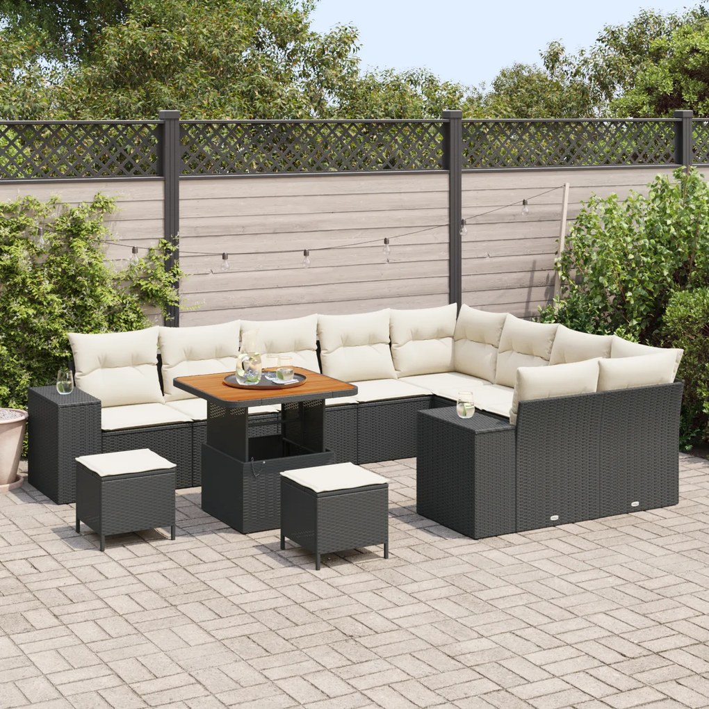 Conjunto de Sofá de Jardim de 12 Peças com Almofadas Preto Rattan Poli