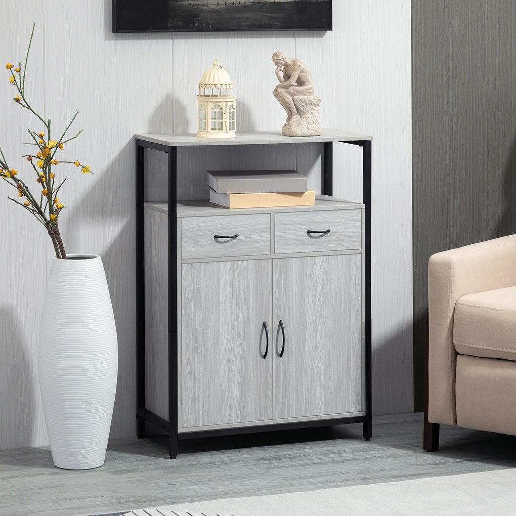 HOMCOM Armário de Sala de Estar com 2 Portas 2 Gavetas e Prateleira Ajustável Móvel Auxiliar de Armazenamento para Cozinha Sala de Jantar Dormitório Estilo Moderno 64x34x90cm Cinza