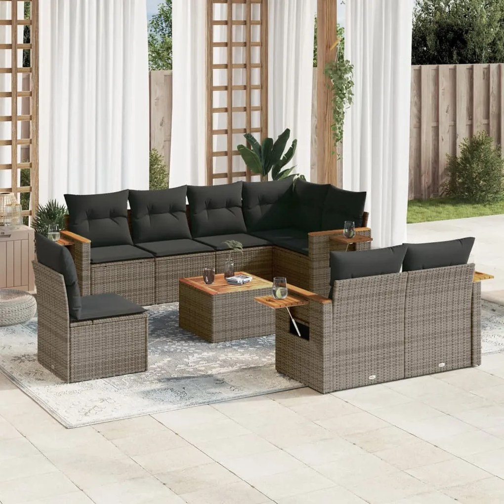 vidaXL 9 pcs conjunto sofás p/ jardim com almofadões vime PE cinzento