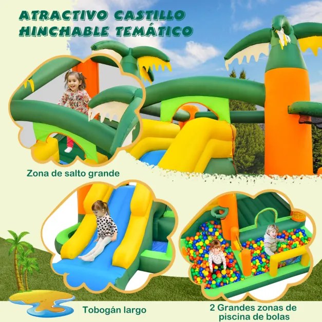 Castelo insuflável com tema palmeira tropical 8 em 1 com Ventilador de ar 2 piscinas de bolas baliza Futebol e vôlei 468 x 406 x 240 cm Multicolorido